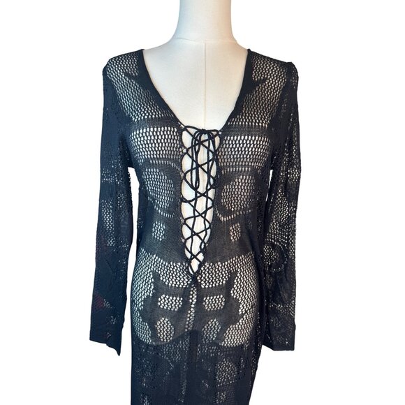 2/$50 Boho OS Gypsy Beach Black Goddess Maxi Crochet V-Neck Beach Swim Cover-up - Picture 5 of 12